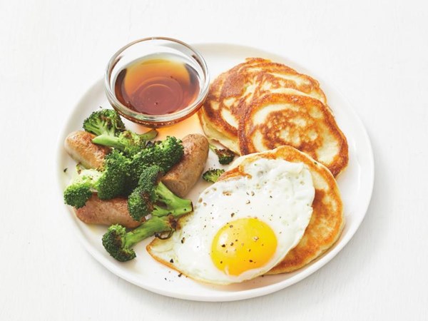 Teriyaki pancakes with eggs and sausage