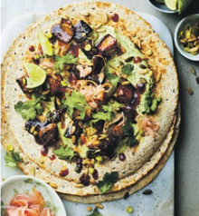 Teriyaki-roast aubergine, edamame & tofu flatbreads