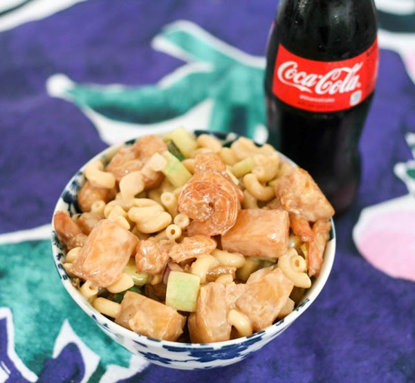 Teriyaki shrimp pasta salad with blistered shishito peppers and pineapple