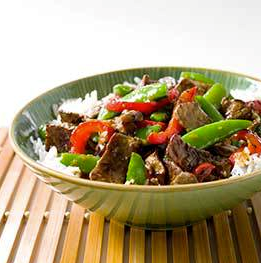 Teriyaki stir-fried beef with green beans and shiitakes