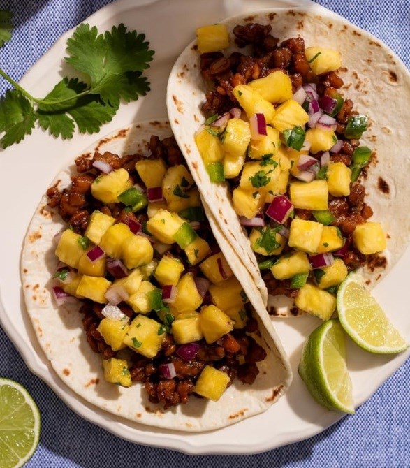 Teriyaki tempeh tacos with pineapple salsa