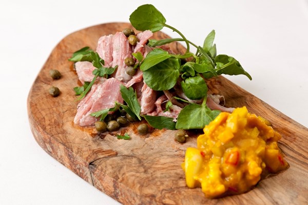 Terrine of ham hock with piccalilli and toasted spelt bread with English mustard butter [Galton Blackiston]