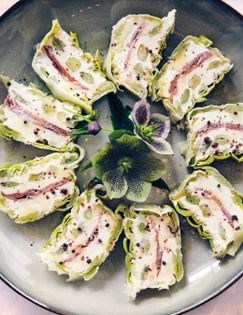 Terrine of tender leek with smoked salmon & mascarpone