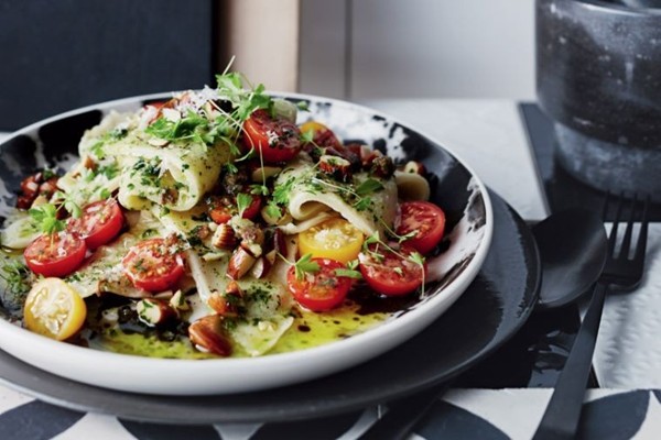 Testaroli with almond, tomato & garlic pesto