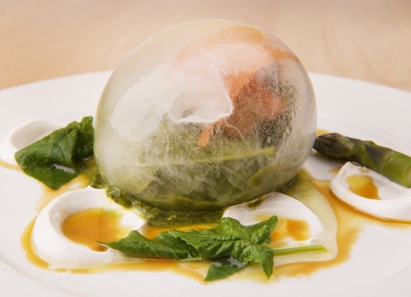 Tetsuya egg with spinach and asparagus salad
