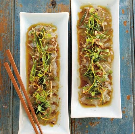 Tetsuya's warm flathead carpaccio with black bean dressing