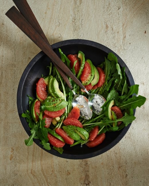 Texas grapefruit, avocado, and dandelion-greens salad
