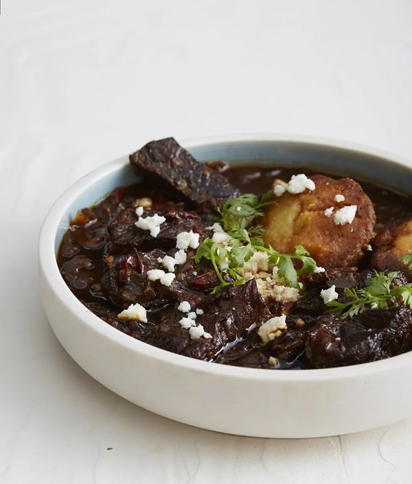 Texas red with tamale dumplings