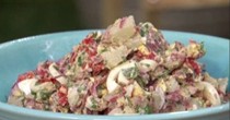 Texas-style potato salad with mustard and pickled red onion