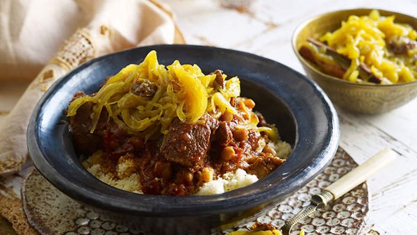 Tfaya with lamb tagine and couscous