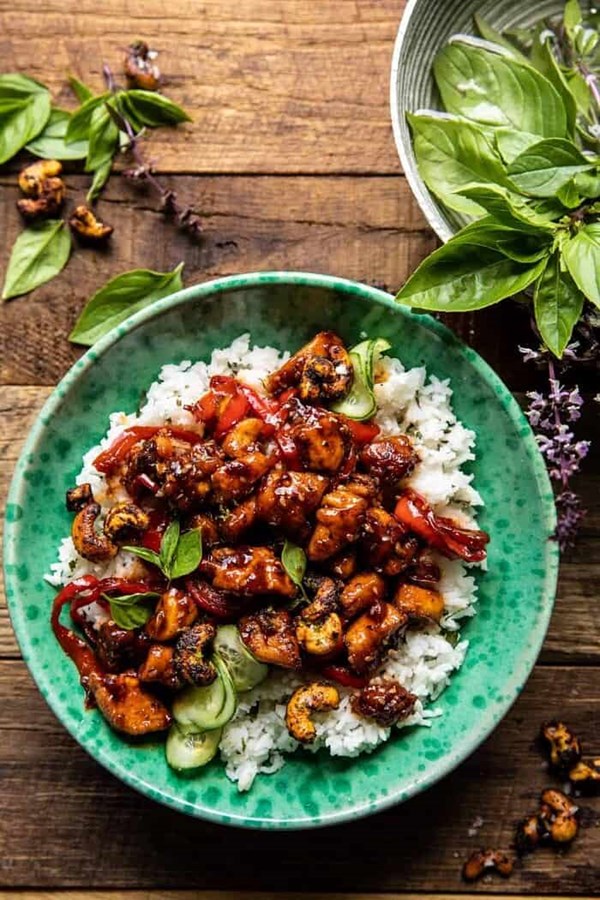 Thai basil sesame cashew chicken with coconut rice