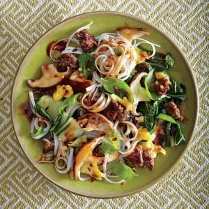 Thai beef and basil noodles with shiitake gravy