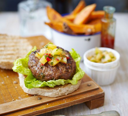 Thai burgers with sweet potato chips & pineapple salsa