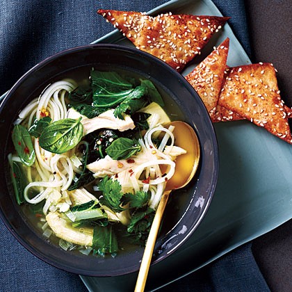 Thai chicken soup with spicy wontons