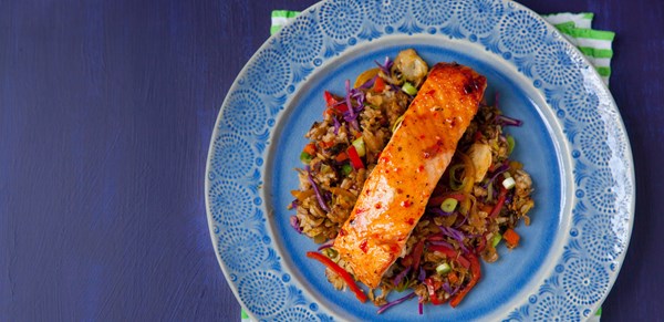 Thai chili glazed salmon with rainbow veggie fried rice