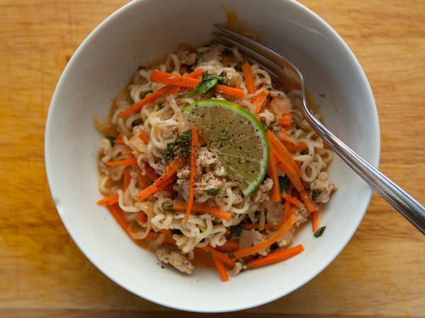 Thai curried noodles with pork and basil