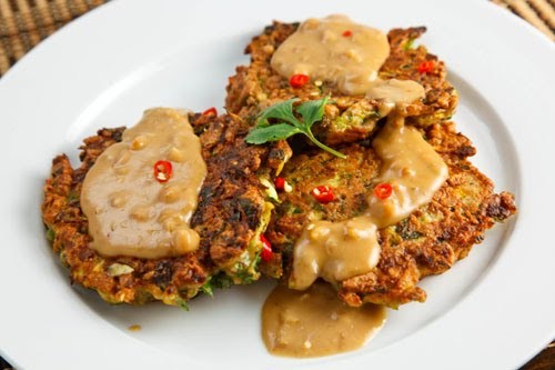 Thai curried zucchini fritters with spicy peanut sauce