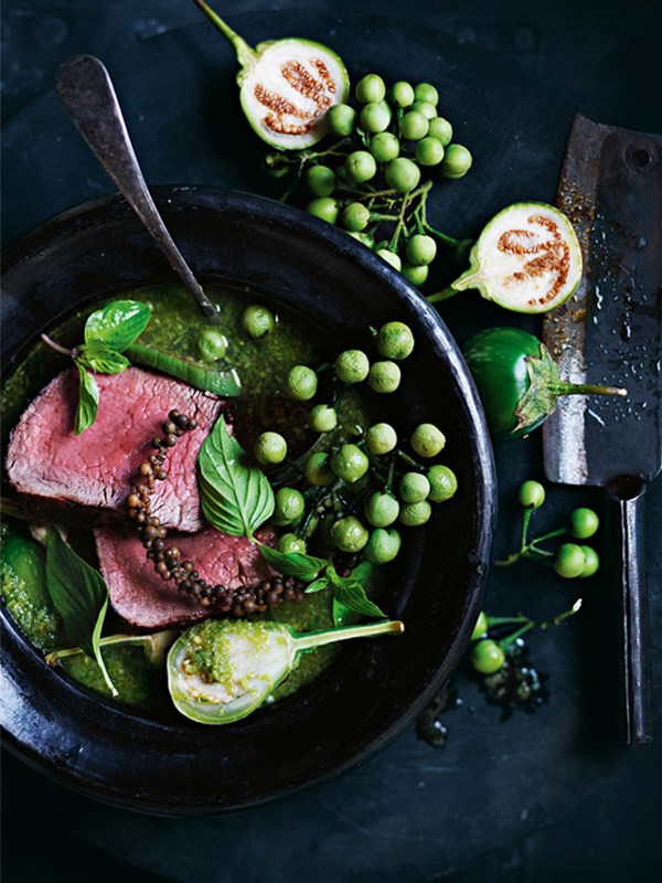 Thai eggplant jungle curry with rare roast beef