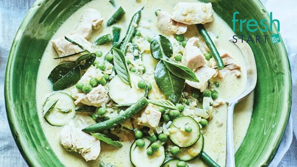 Thai green chicken curry with lime leaf, peas, courgette, beans and cauliflower 'rice'