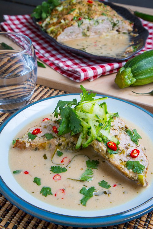 Thai green curry turkey and zucchini meatloaf in a coconut milk green curry sauce
