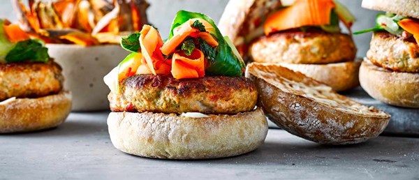 Thai green salmon burgers with spicy sweet potato wedges