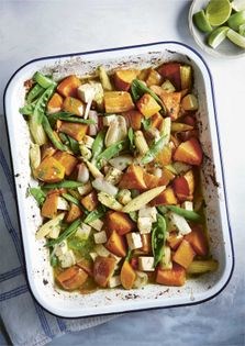 Thai green squash and tofu curry traybake