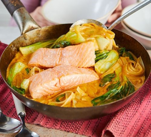 Thai noodle soup with salmon