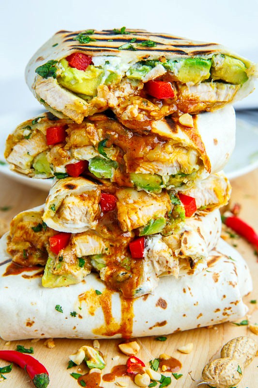 Thai peanut chicken avocado burritos