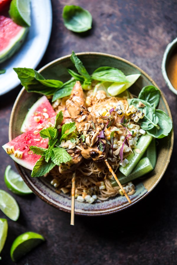Thai peanut chicken noodles with charred corn + lime watermelon