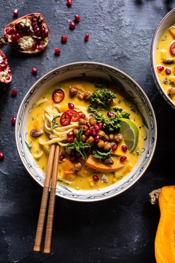 Thai pumpkin laksa with crunchy "fried" chickpeas