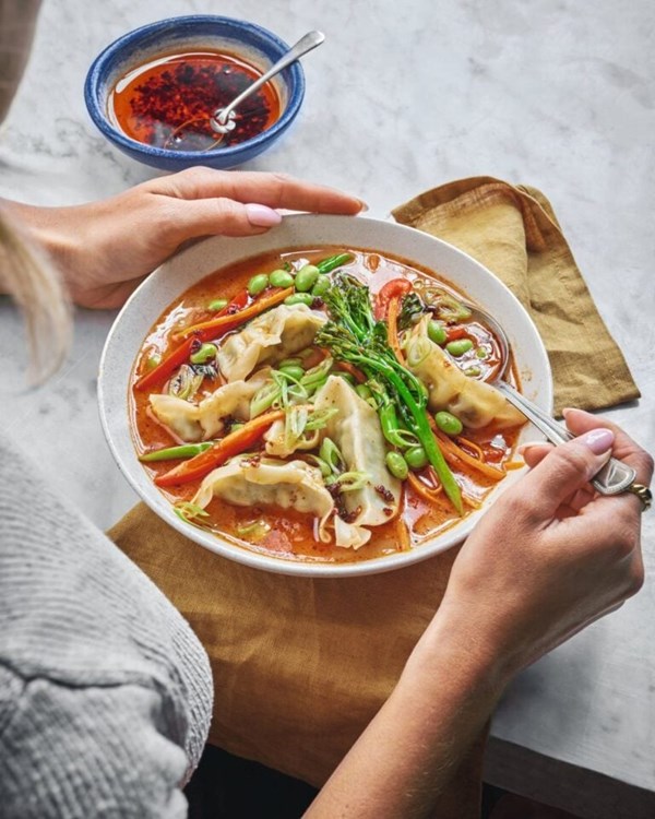 Thai red coconut gyoza soup