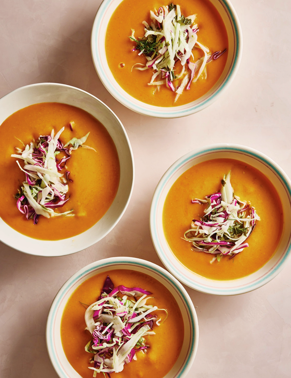 Thai red curry butternut squash soup with cabbage and fennel citrus slaw