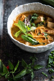 Thai red curry tofu soup with sweet potato noodles