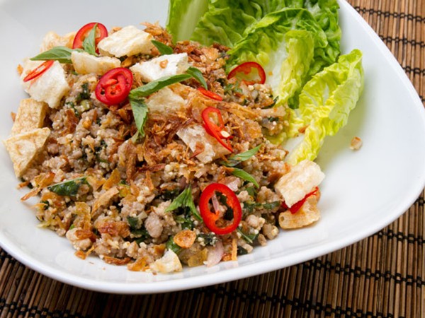 Thai salad with pork, herbs, chili, and toasted rice powder (Pork larb)
