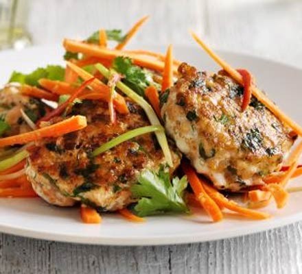Thai salmon cakes with carrot salad