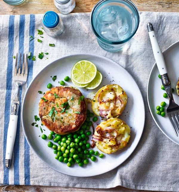 Thai salmon fishcakes with loaded potato skins