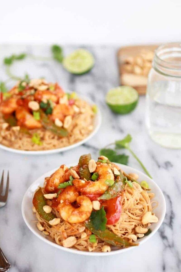 Thai shrimp curry and peanut noodles