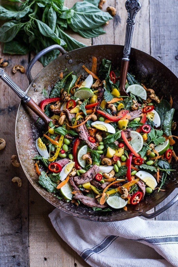 Thai steak salad w/sweet + spicy tahini dressing and sesame chili-lime cashews