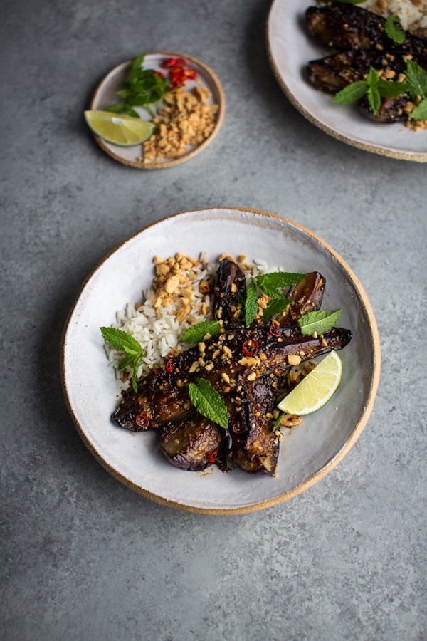 Thai-style aubergine with mint & jasmine rice