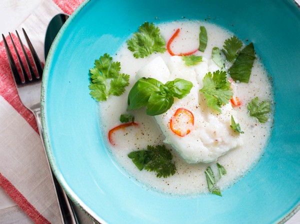 Thai-style cod à la nage with coconut milk, lime, and lemongrass