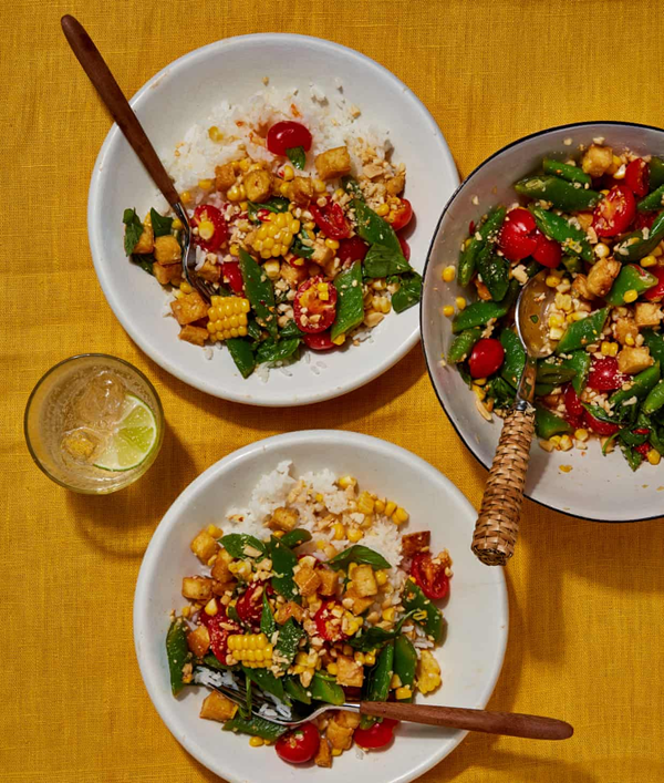 Thai-style corn ,bean and smoked tofu salad with rice