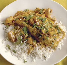Thai-style halibut and banana curry with peanuts