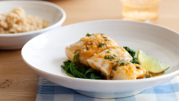 Thai-style halibut with coconut-curry broth