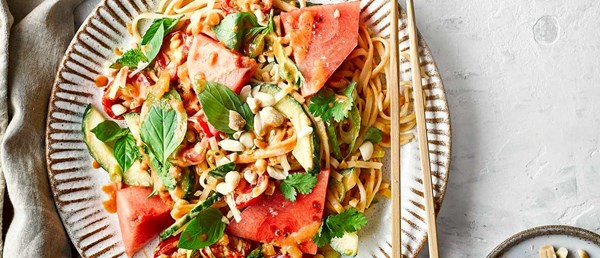 Thai-style peanut noodle salad with herbs and watermelon