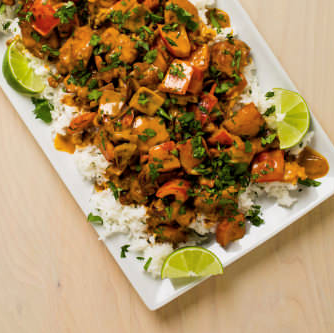 Thai-style red curry chicken with vegetables