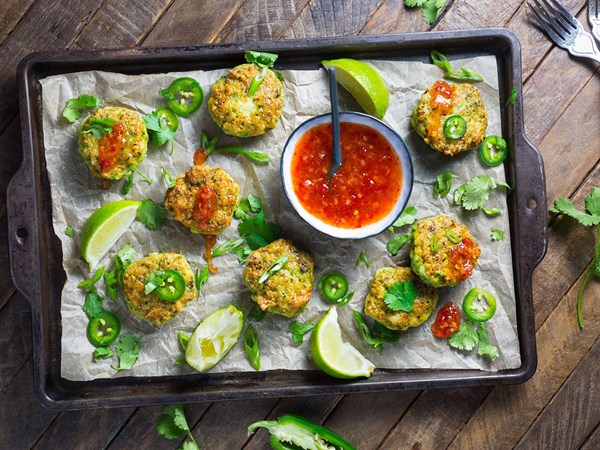Thai-style shrimp cakes with sweet chili dipping sauce