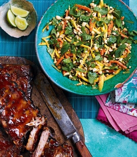 Thai-style sticky pork ribs with mango salad