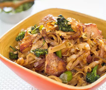 Thai-style stir-fried noodles with chicken and broccolini (Pad see ew)