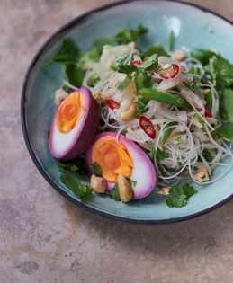 Thai white radish and glass noodle salad with beetroot egg