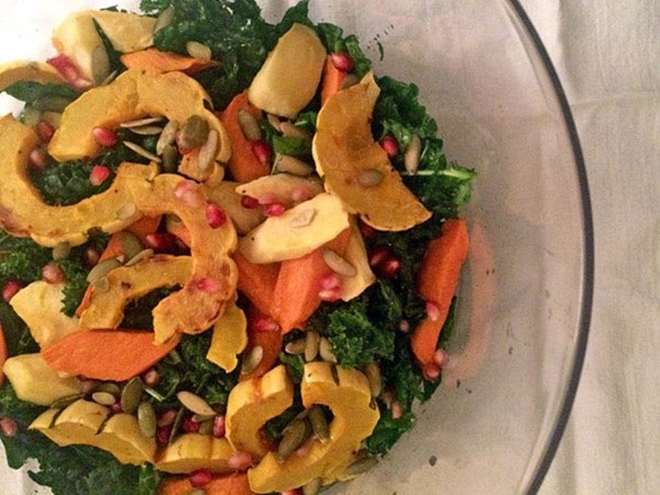 Thanksgiving kale salad with roasted root vegetables
